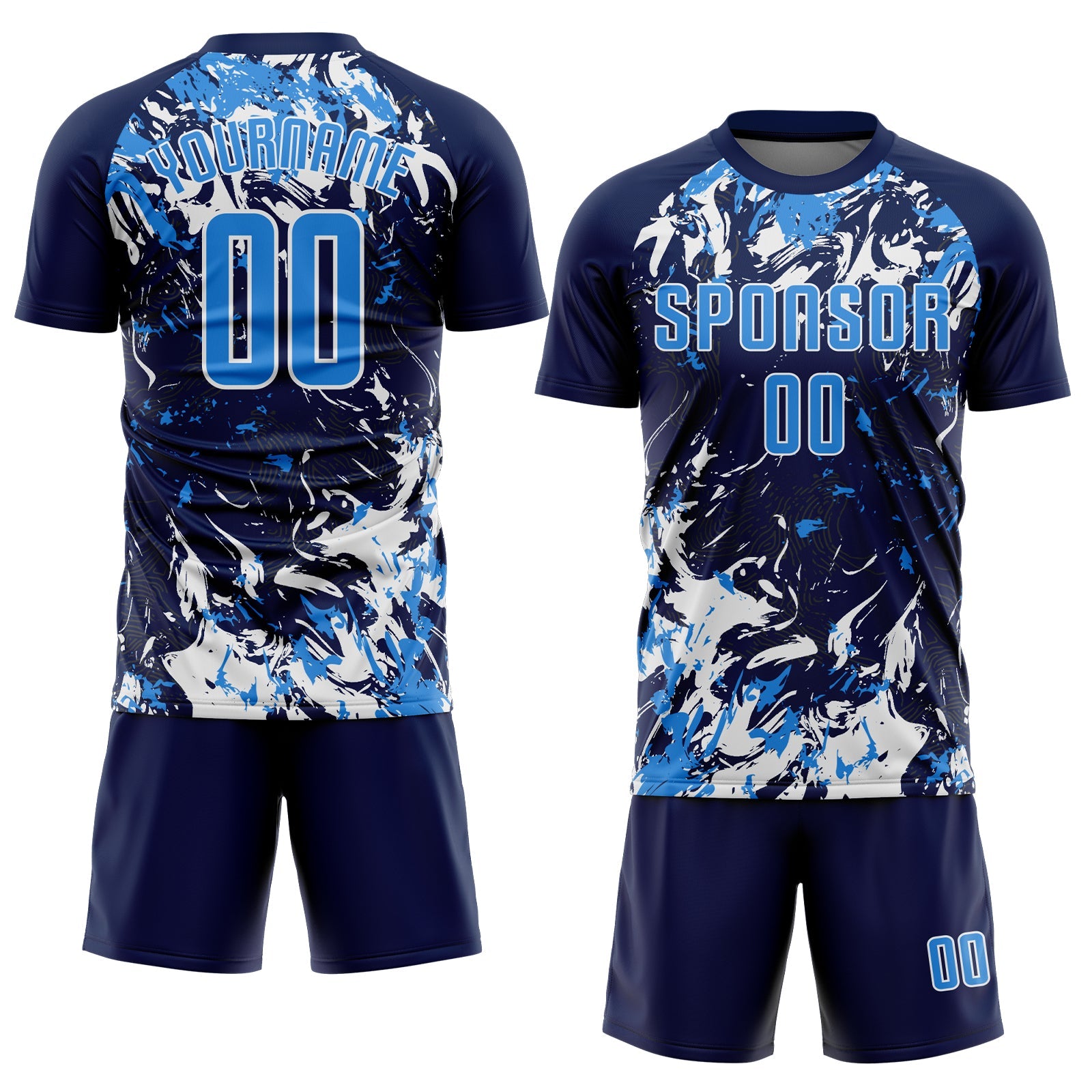 Custom Navy Powder Blue-White Fluid Art Splash Sublimation Soccer Uniform Jersey