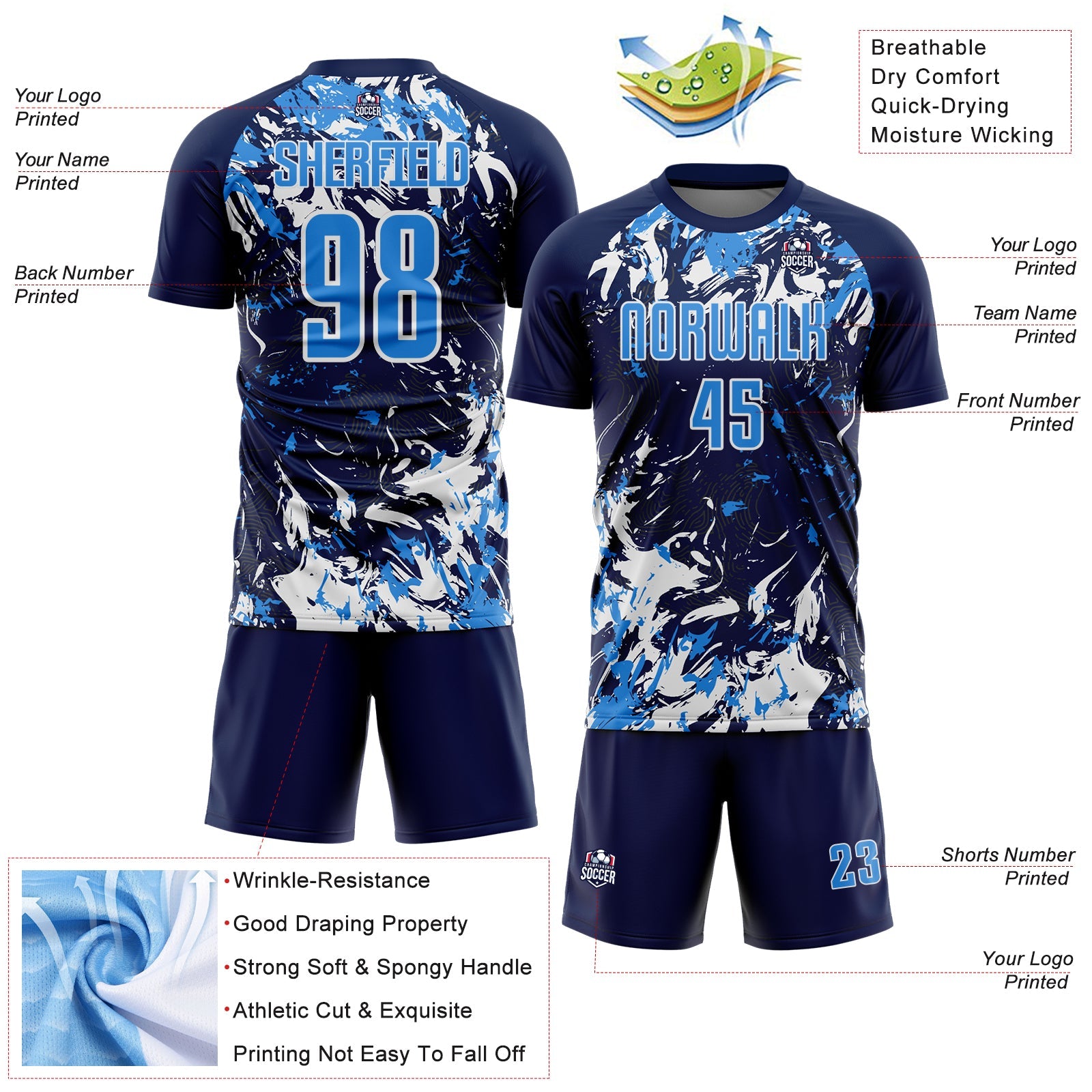 Custom Navy Powder Blue-White Fluid Art Splash Sublimation Soccer Uniform Jersey