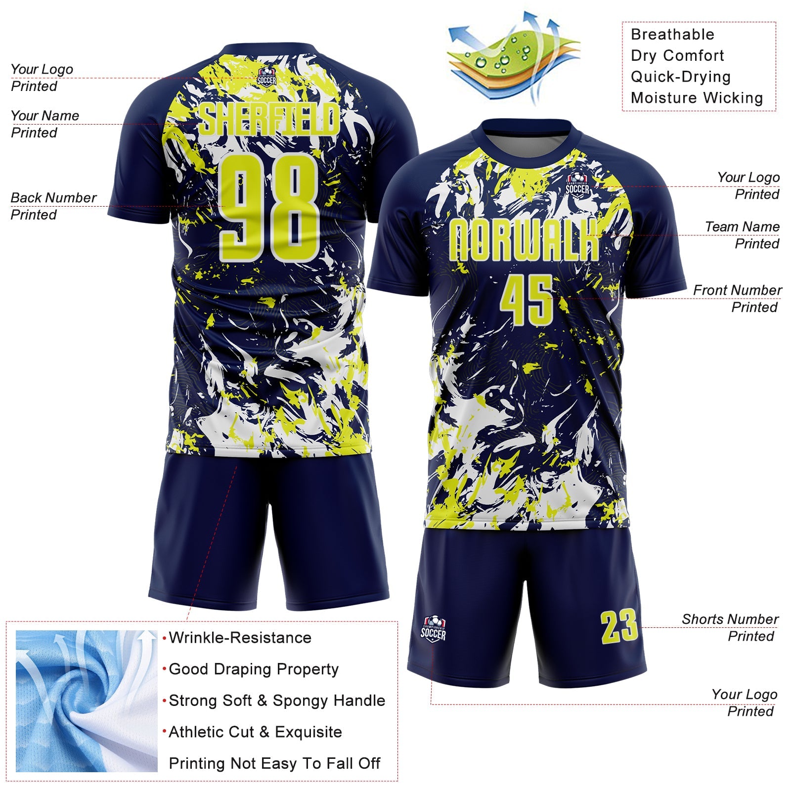 Custom Navy Neon Yellow-White Fluid Art Splash Sublimation Soccer Uniform Jersey
