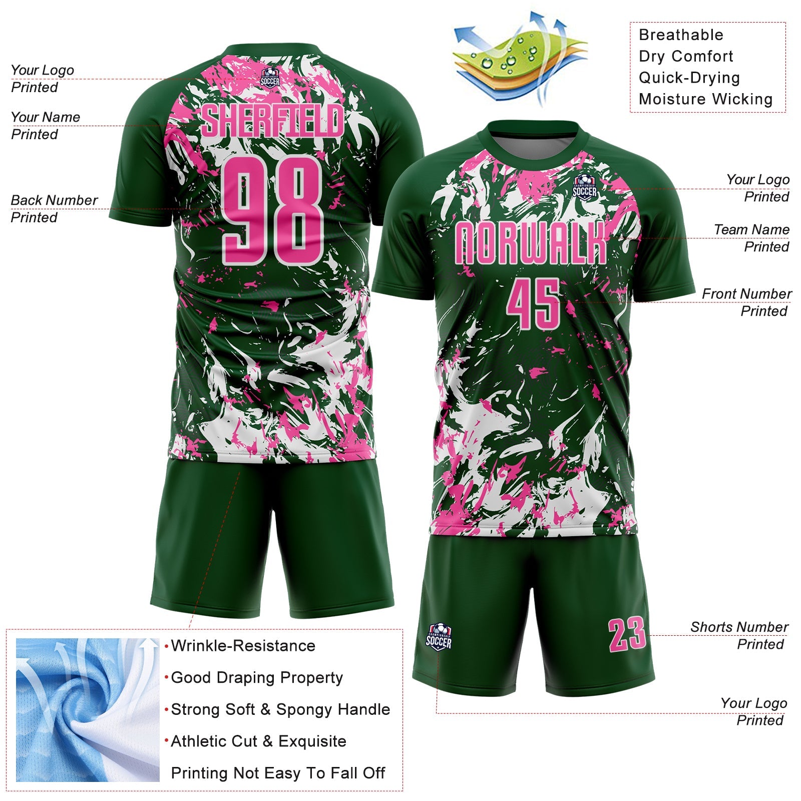 Custom Green Pink-White Fluid Art Splash Sublimation Soccer Uniform Jersey
