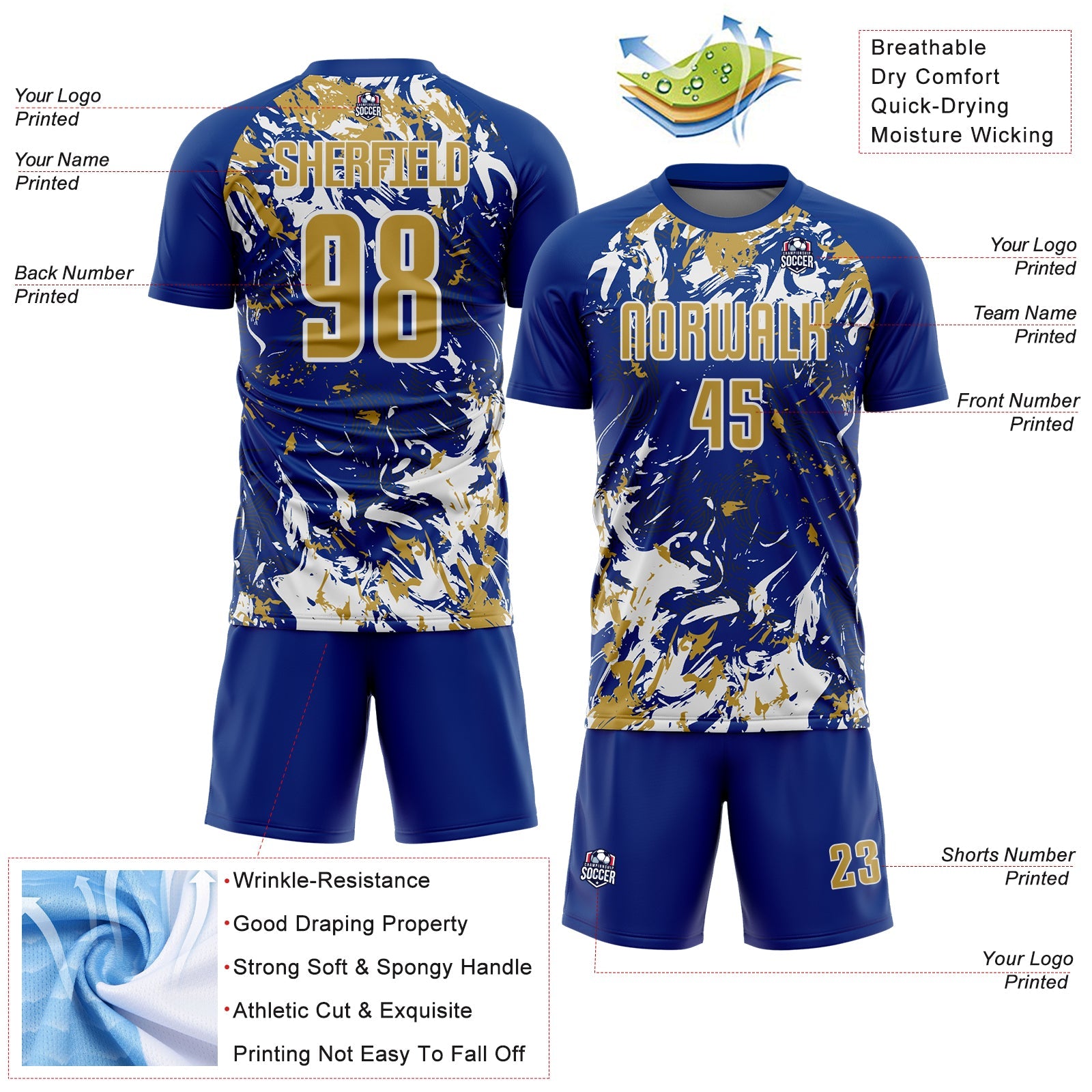 Custom Royal Old Gold-White Fluid Art Splash Sublimation Soccer Uniform Jersey