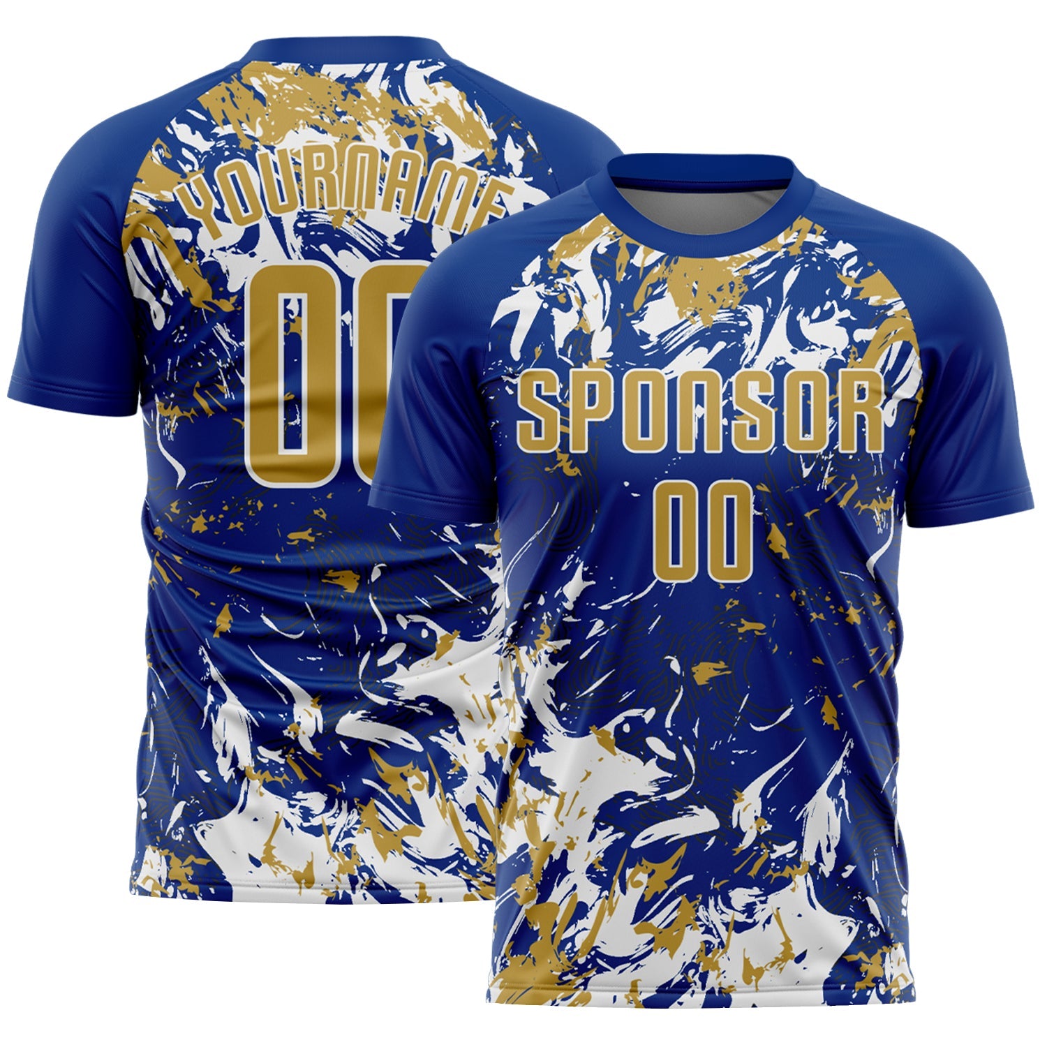 Custom Royal Old Gold-White Fluid Art Splash Sublimation Soccer Uniform Jersey