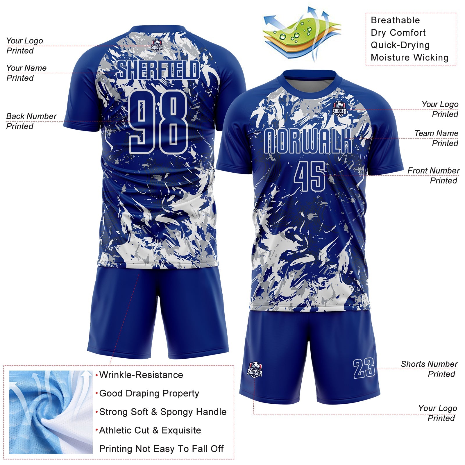 Custom Royal Gray-White Fluid Art Splash Sublimation Soccer Uniform Jersey