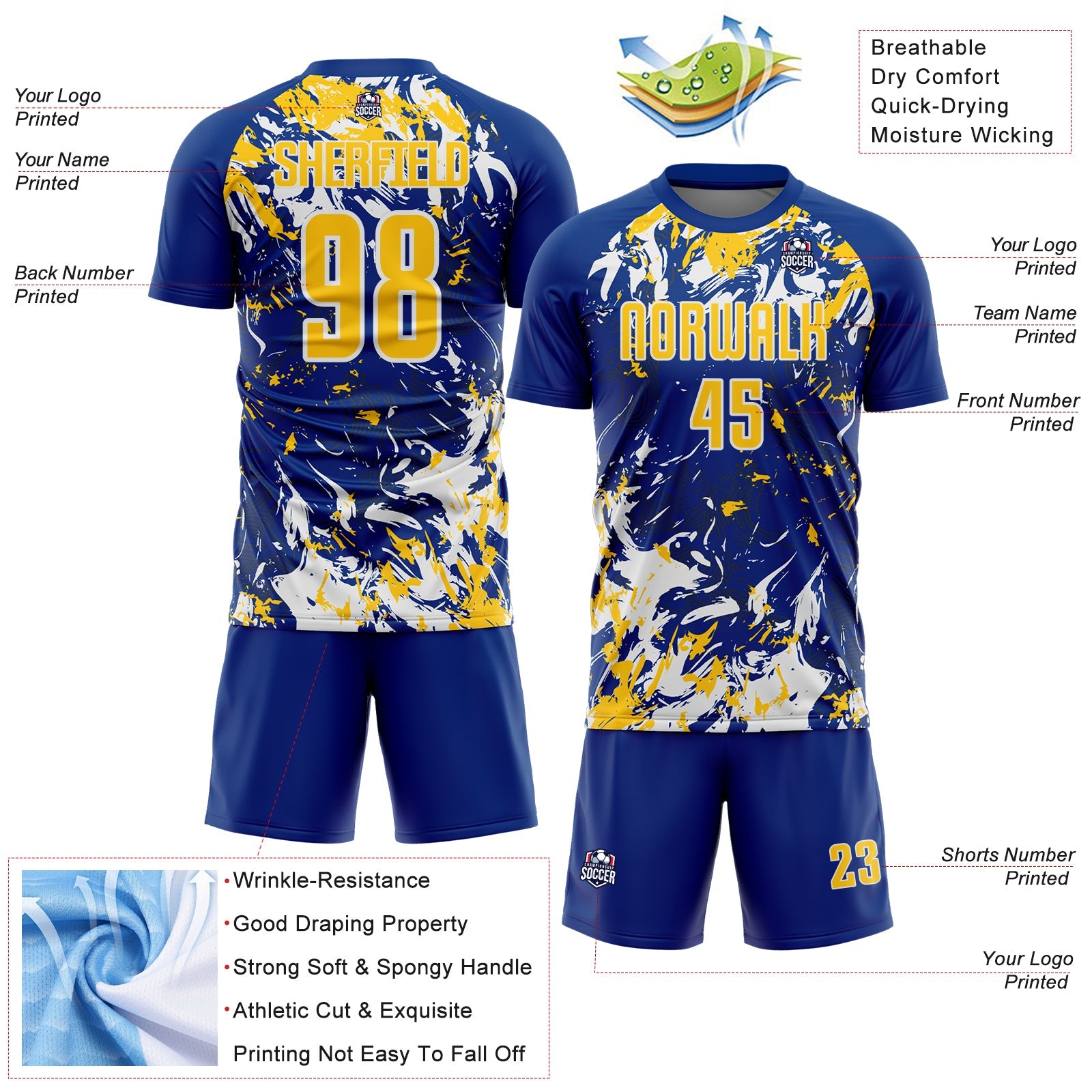 Custom Royal Yellow-White Fluid Art Splash Sublimation Soccer Uniform Jersey