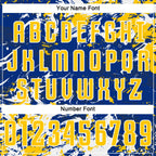 Custom Royal Yellow-White Fluid Art Splash Sublimation Soccer Uniform Jersey