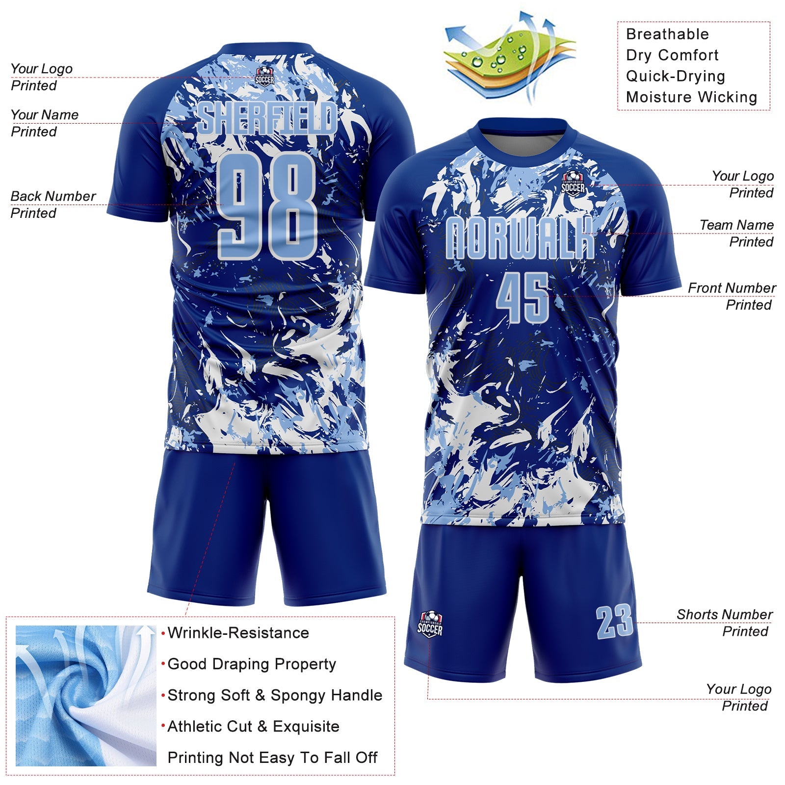 Custom Royal Light Blue-White Fluid Art Splash Sublimation Soccer Uniform Jersey