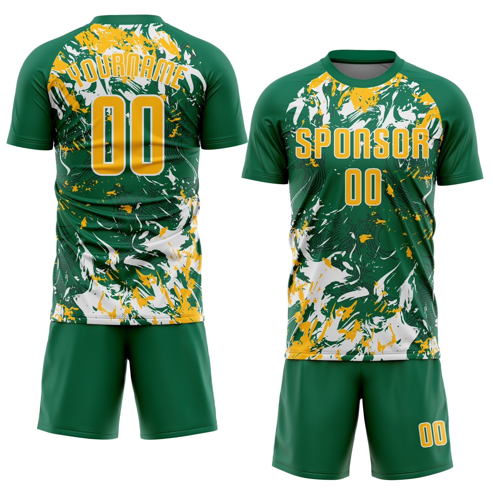 Custom Kelly Green Gold-White Fluid Art Splash Sublimation Soccer Uniform Jersey