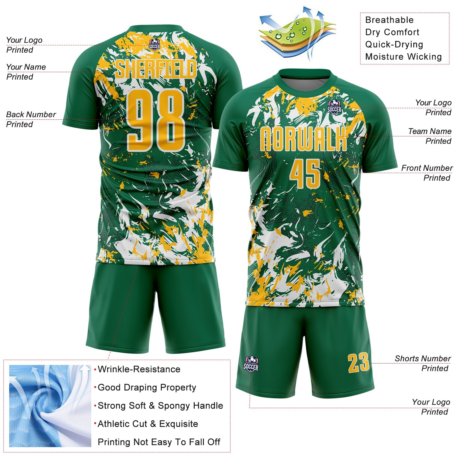 Custom Kelly Green Gold-White Fluid Art Splash Sublimation Soccer Uniform Jersey