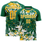 Custom Kelly Green Gold-White Fluid Art Splash Sublimation Soccer Uniform Jersey
