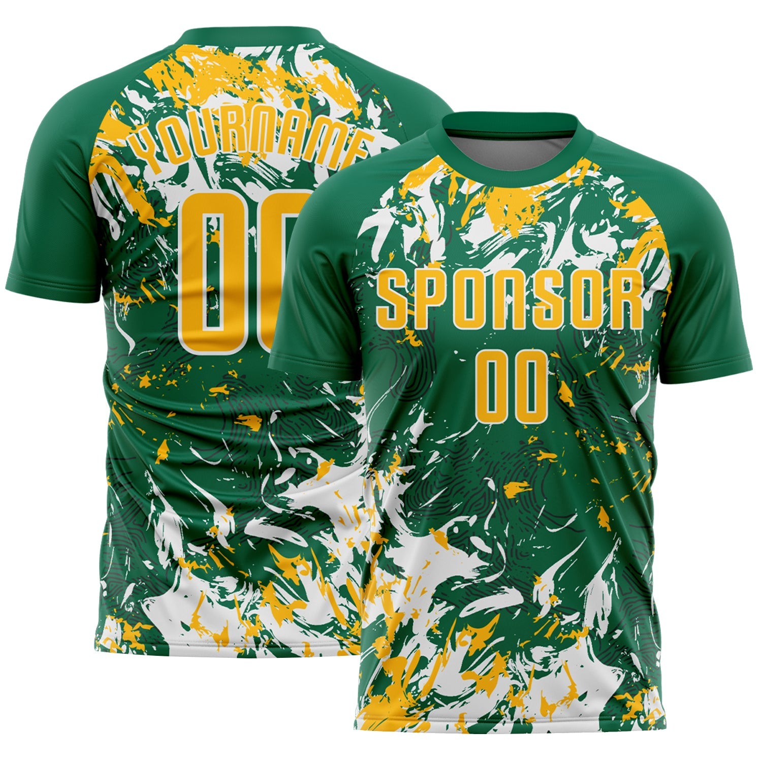 Custom Kelly Green Gold-White Fluid Art Splash Sublimation Soccer Uniform Jersey