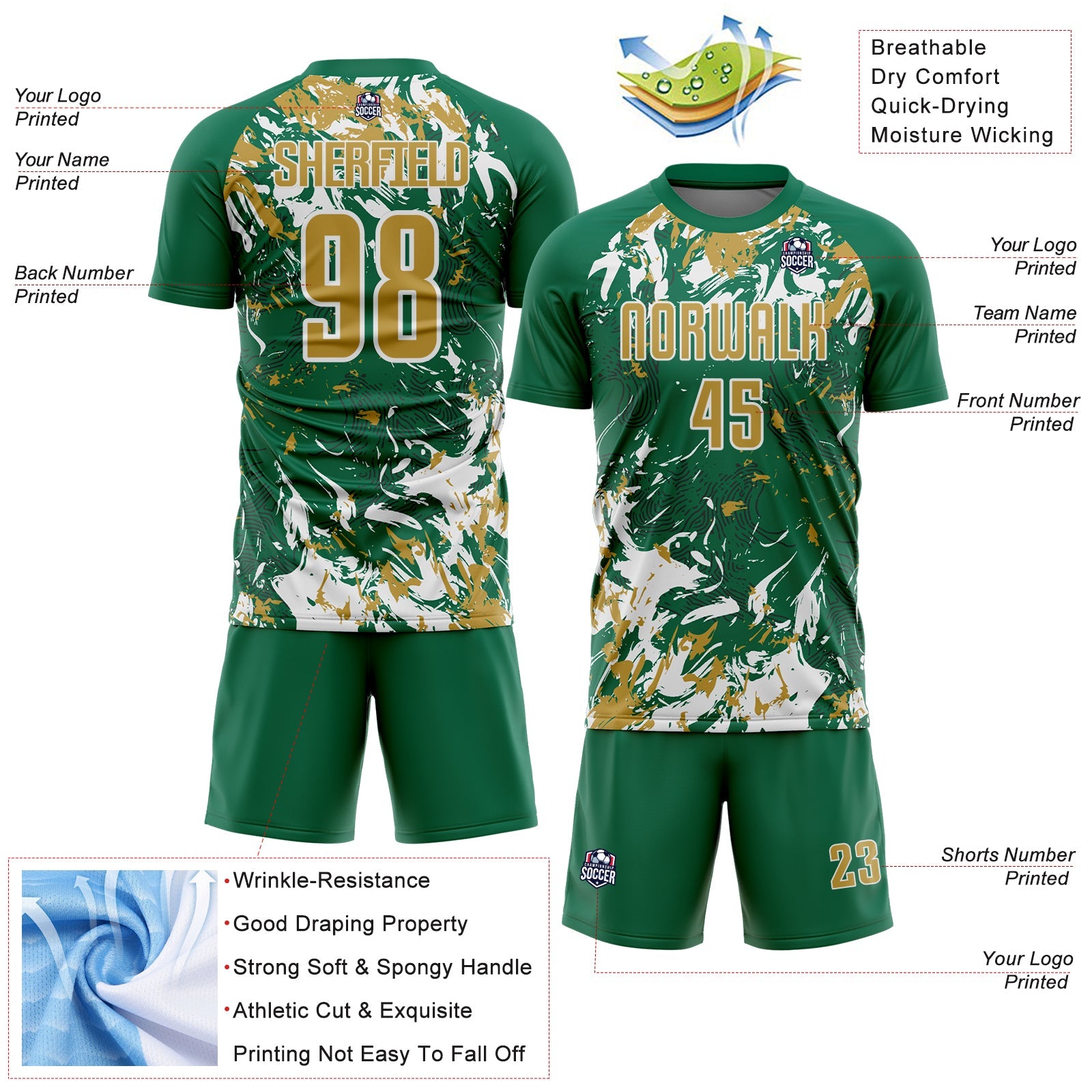Custom Kelly Green Old Gold-White Fluid Art Splash Sublimation Soccer Uniform Jersey
