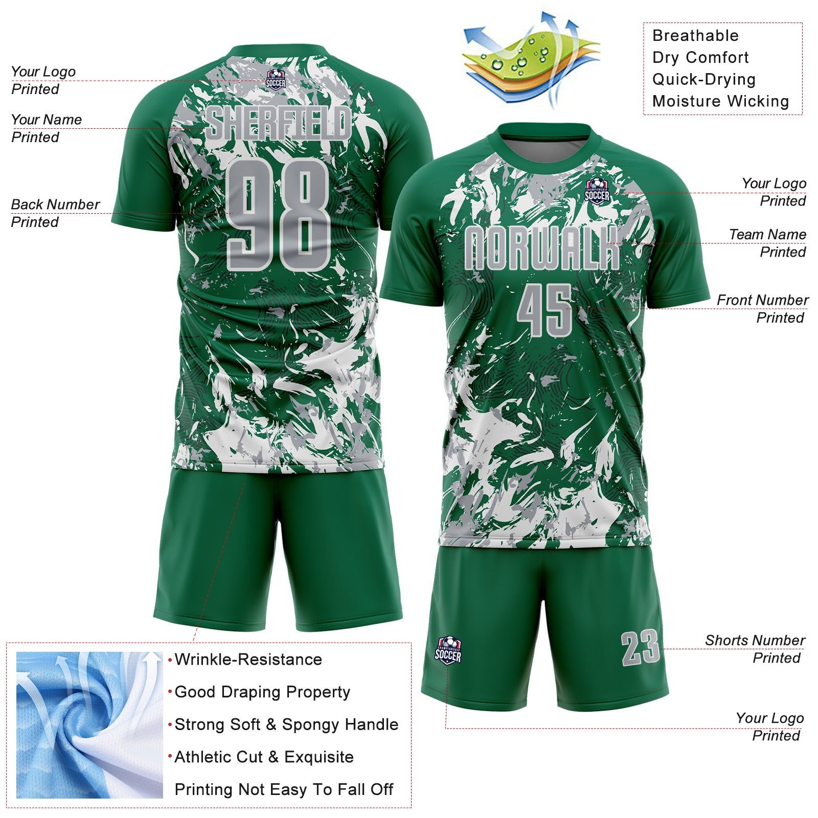 Custom Kelly Green Gray-White Fluid Art Splash Sublimation Soccer Uniform Jersey