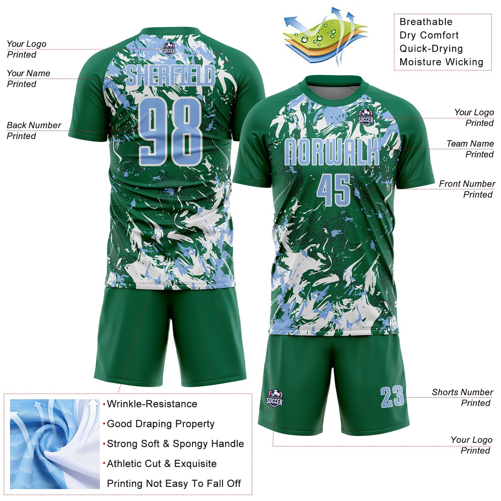 Custom Kelly Green Light Blue-White Fluid Art Splash Sublimation Soccer Uniform Jersey
