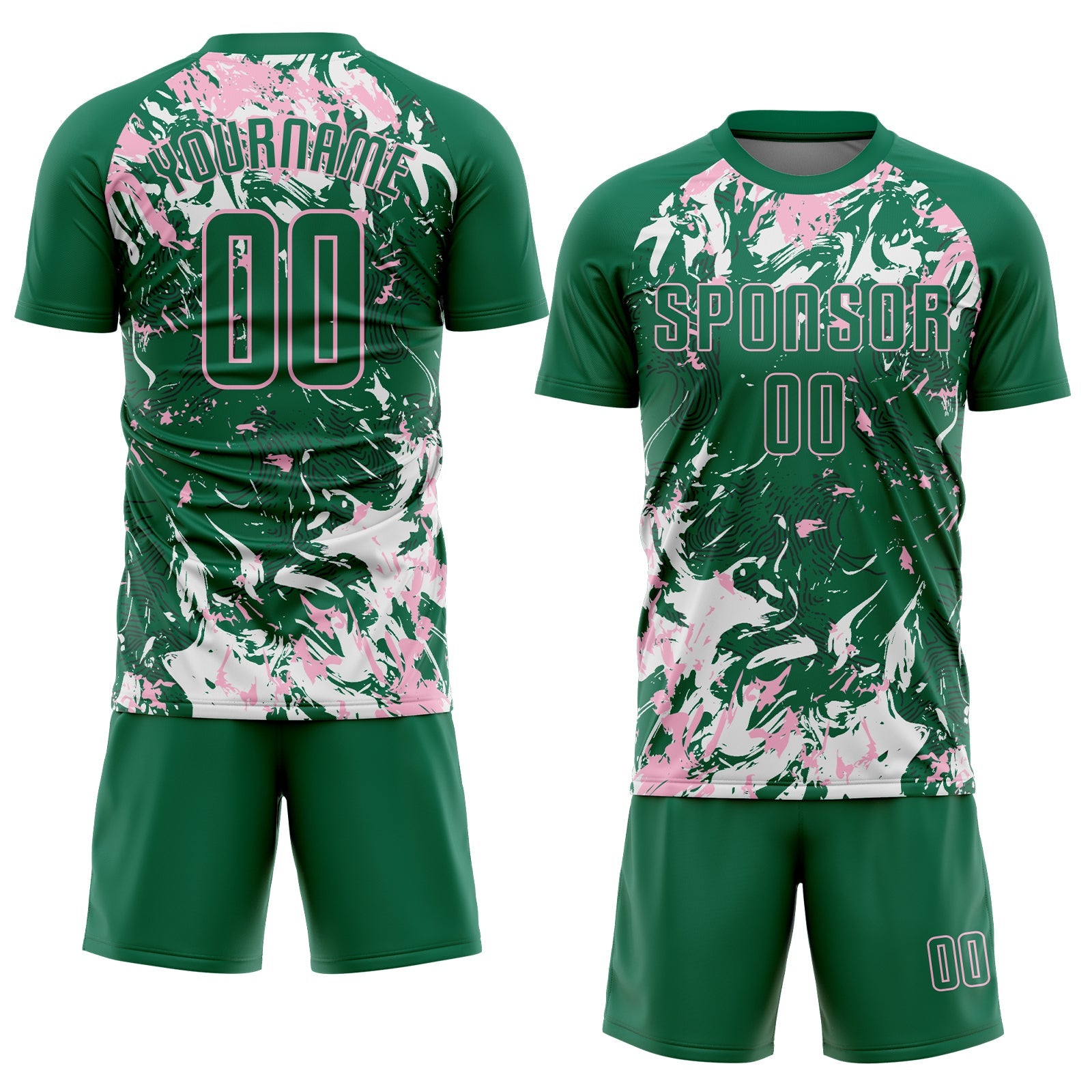 Custom Kelly Green Light Pink-White Fluid Art Splash Sublimation Soccer Uniform Jersey