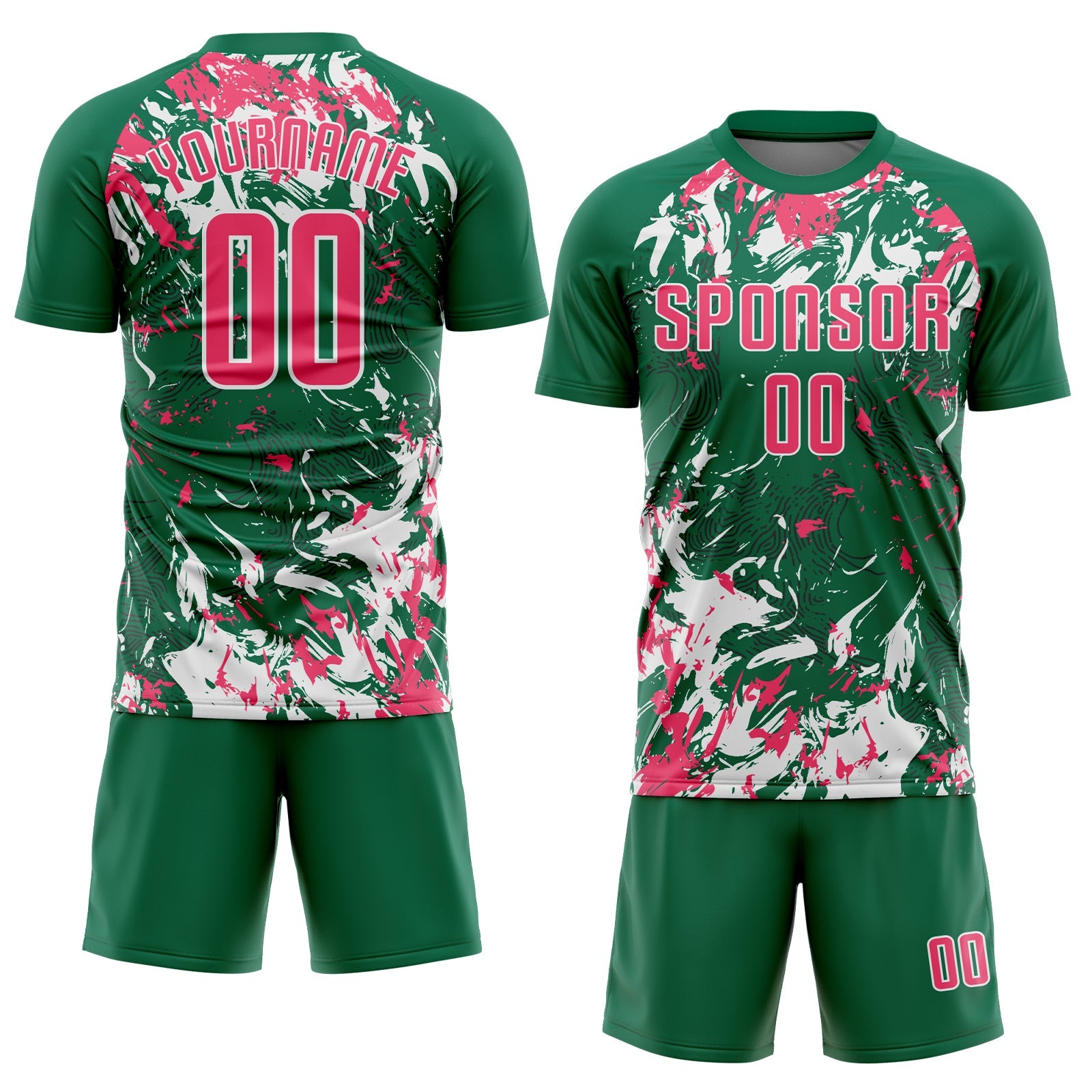 Custom Kelly Green Neon Pink-White Fluid Art Splash Sublimation Soccer Uniform Jersey