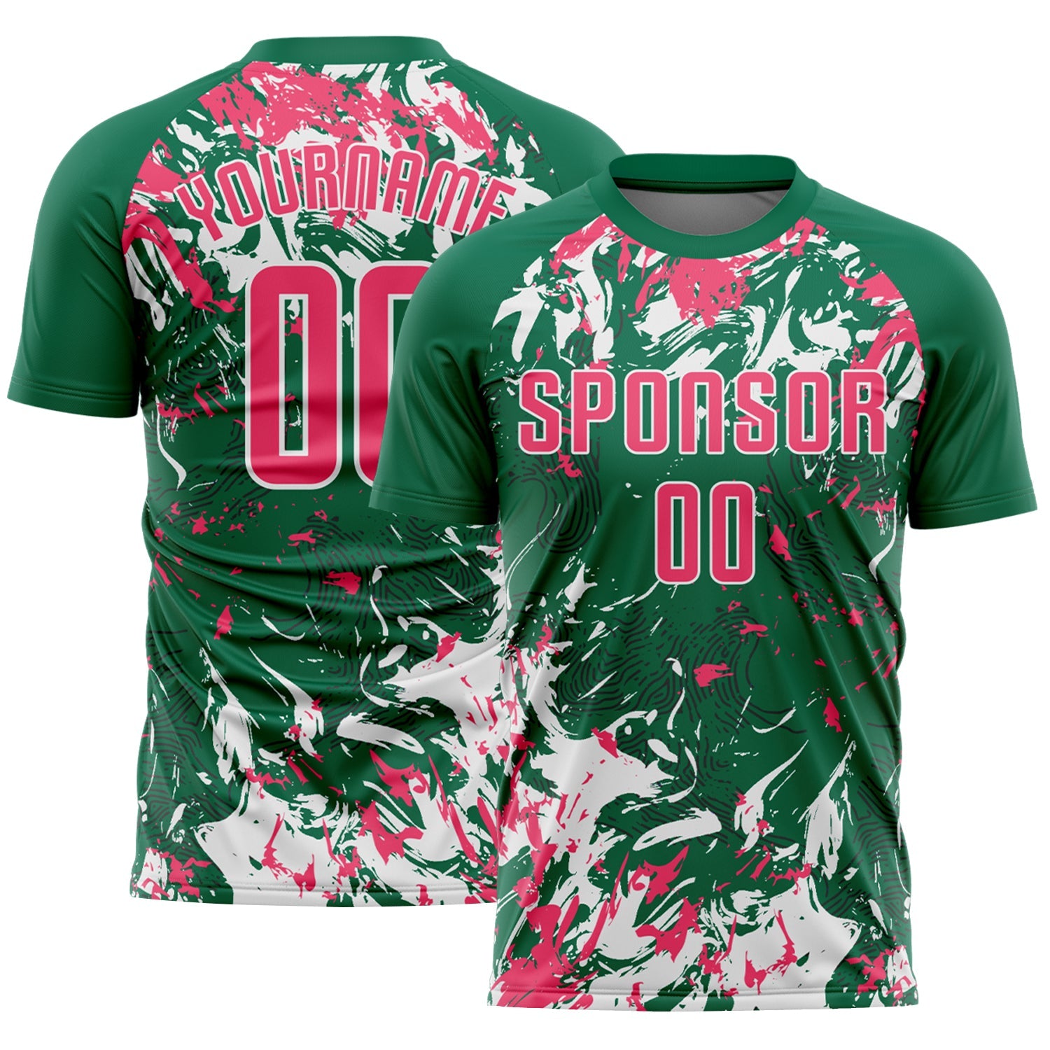 Custom Kelly Green Neon Pink-White Fluid Art Splash Sublimation Soccer Uniform Jersey