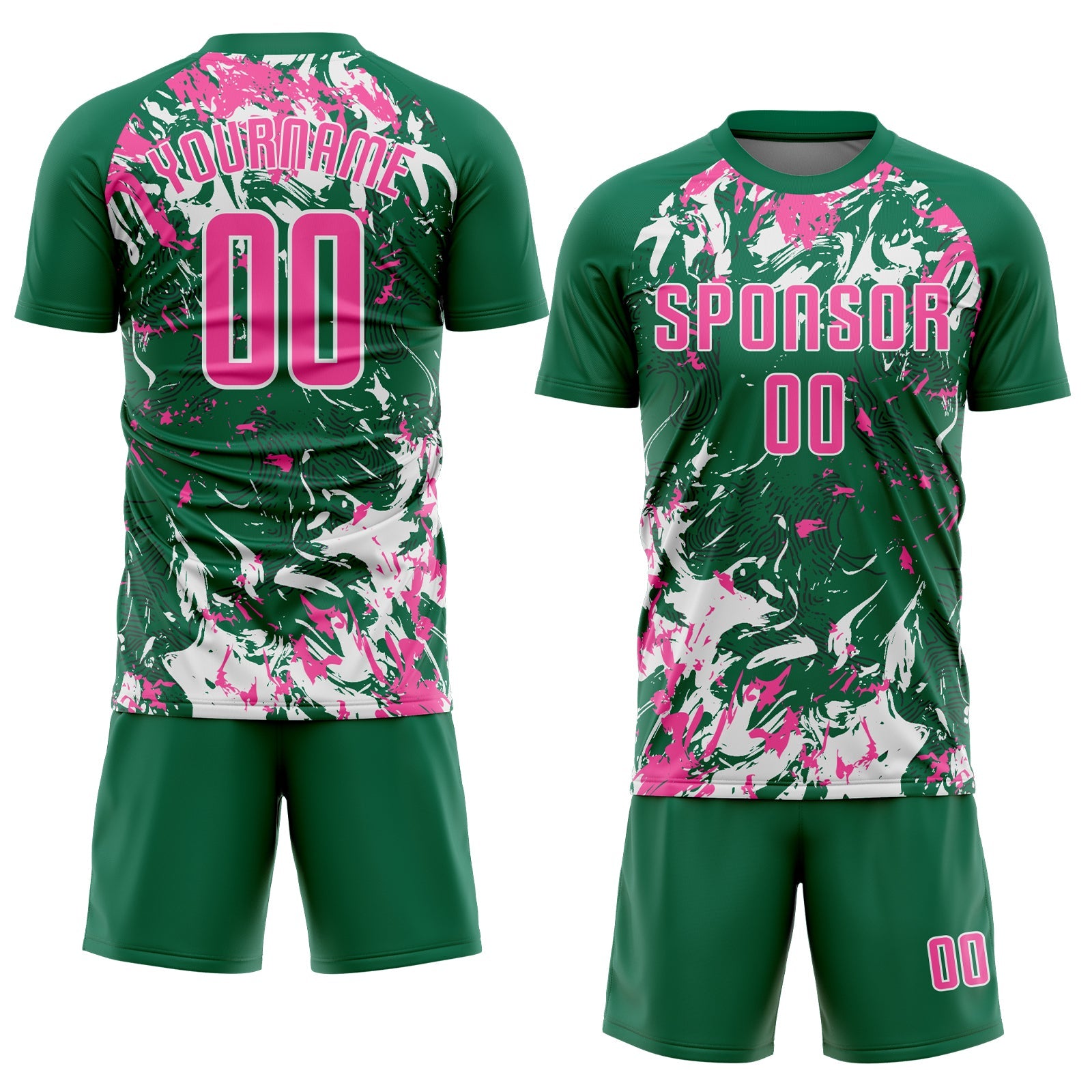Custom Kelly Green Pink-White Fluid Art Splash Sublimation Soccer Uniform Jersey