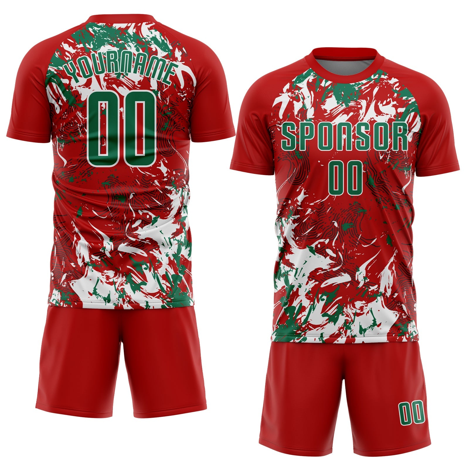Custom Red Kelly Green-White Fluid Art Splash Sublimation Soccer Uniform Jersey