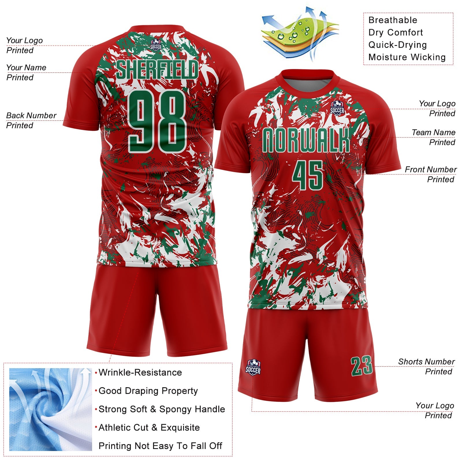 Custom Red Kelly Green-White Fluid Art Splash Sublimation Soccer Uniform Jersey