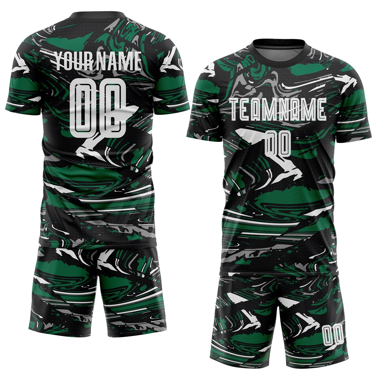 Custom Figure White Black-Kelly Green Fluid Art Splash Sublimation Soccer Uniform Jersey