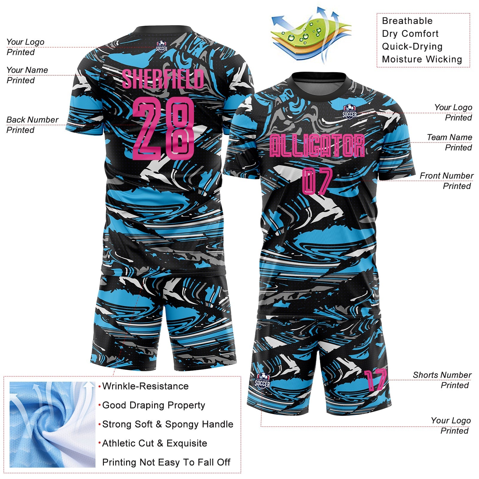 Custom Figure Pink Black-Sky Blue Fluid Art Splash Sublimation Soccer Uniform Jersey