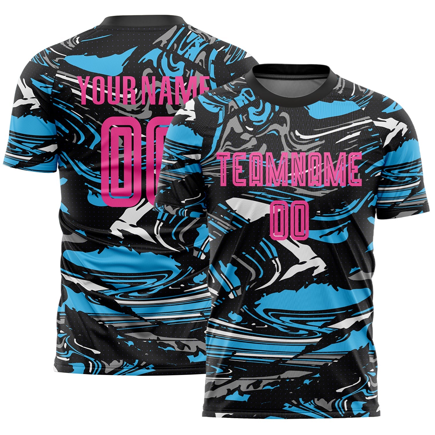 Custom Figure Pink Black-Sky Blue Fluid Art Splash Sublimation Soccer Uniform Jersey