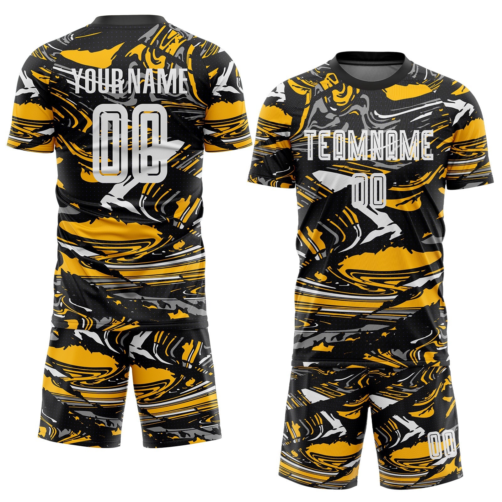 Custom Figure White Black-Gold Fluid Art Splash Sublimation Soccer Uniform Jersey
