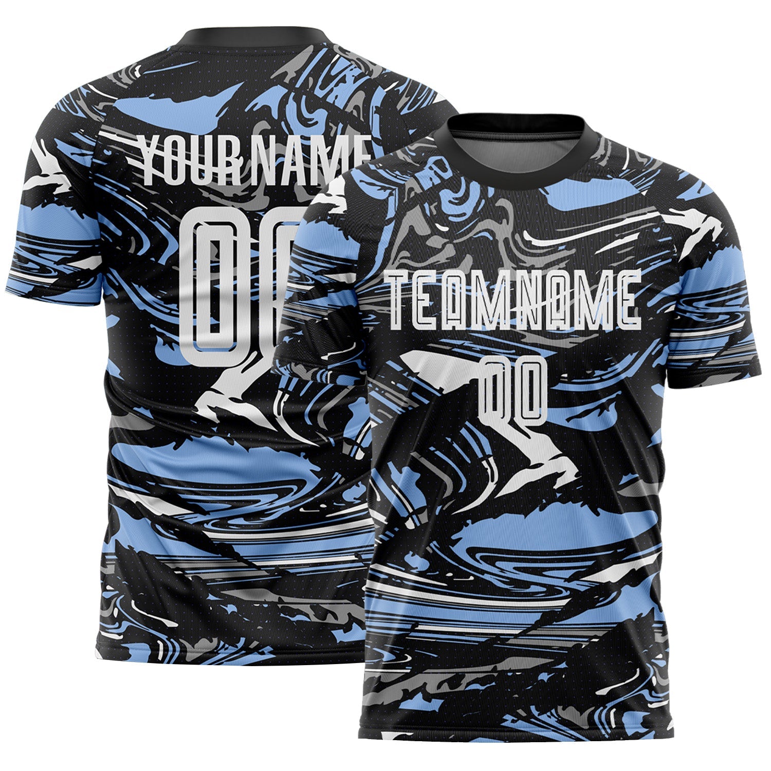 Custom Figure White Black-Light Blue Fluid Art Splash Sublimation Soccer Uniform Jersey