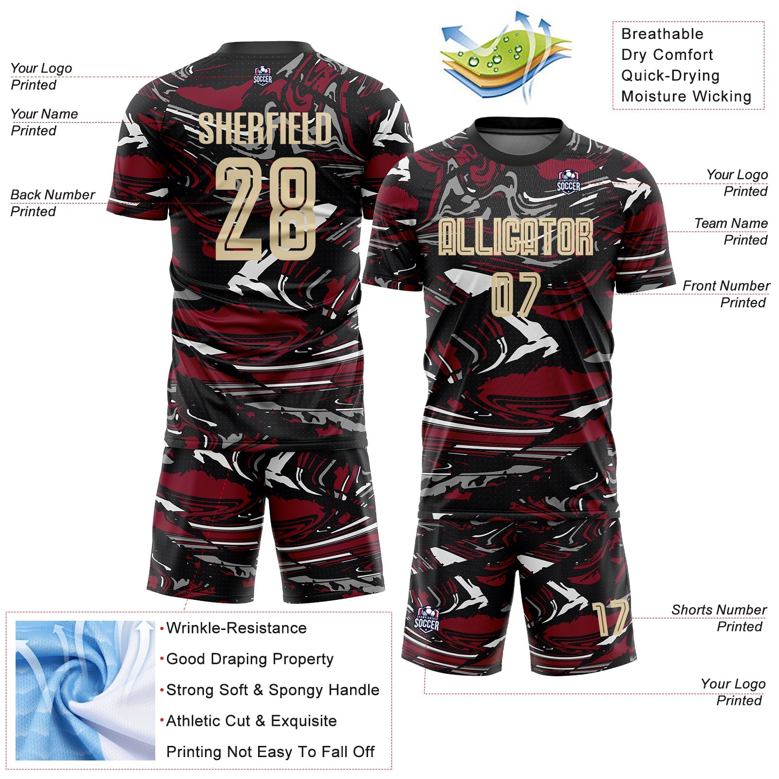 Custom Figure Cream Black-Crimson Fluid Art Splash Sublimation Soccer Uniform Jersey