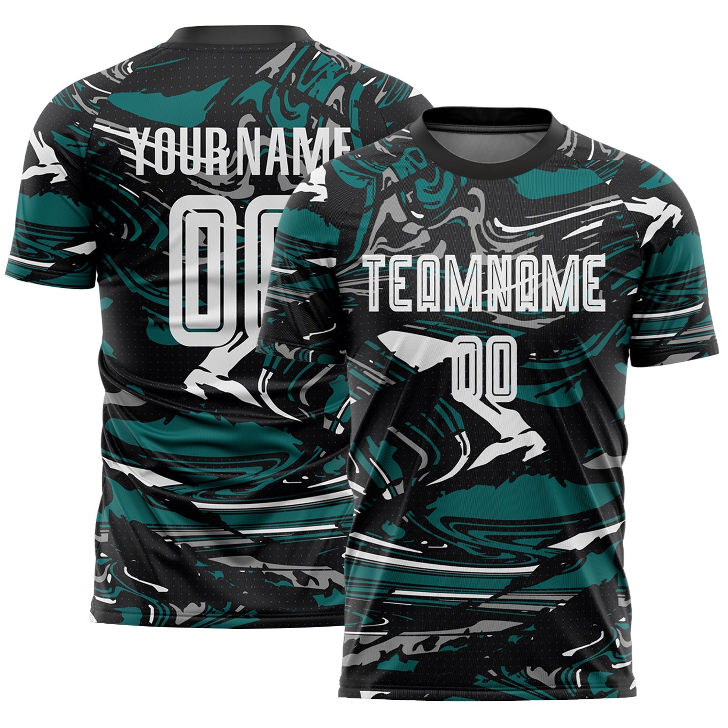 Custom Figure White Black-Teal Fluid Art Splash Sublimation Soccer Uniform Jersey