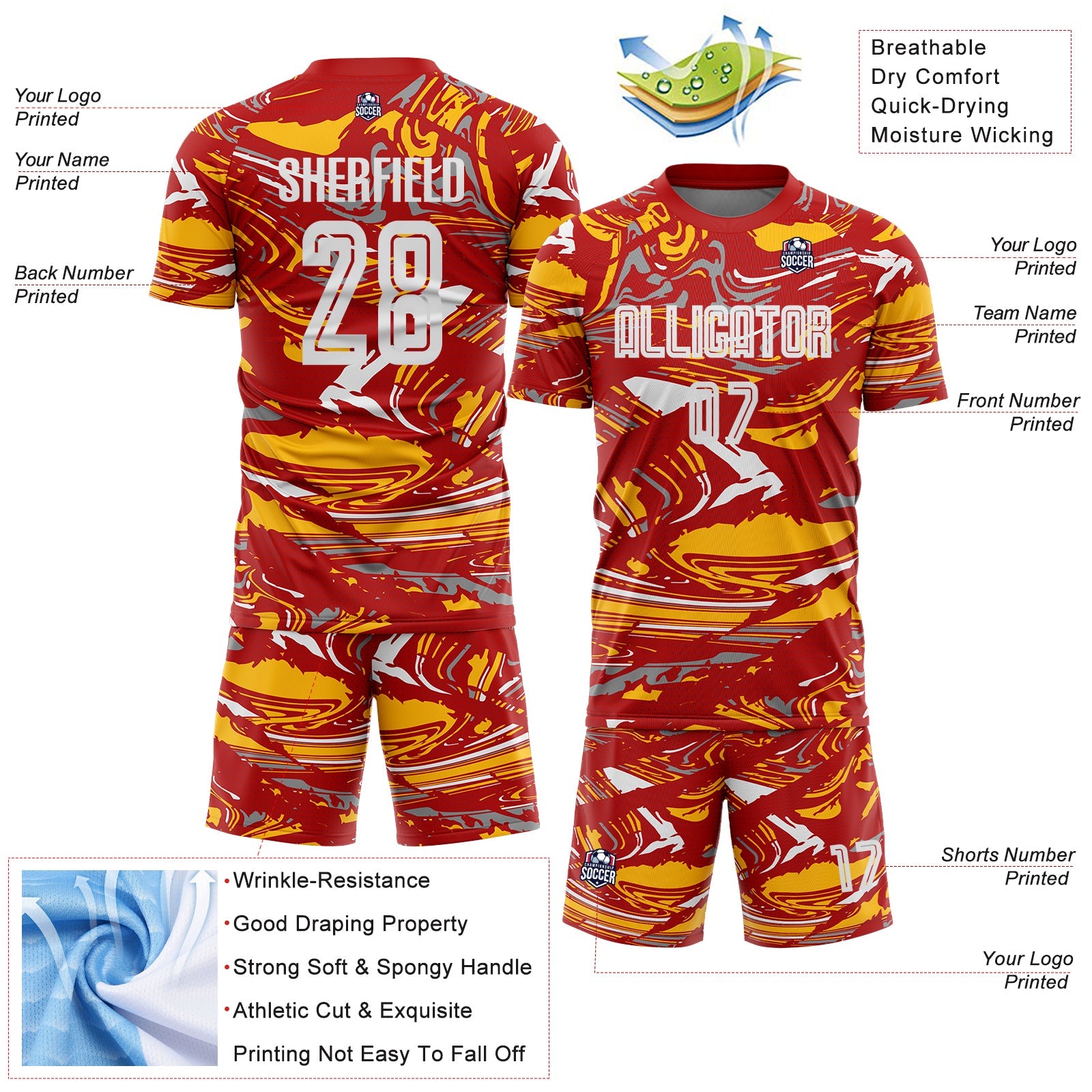 Custom Figure Light Blue Red-Gold Fluid Art Splash Sublimation Soccer Uniform Jersey