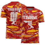 Custom Figure Light Blue Red-Gold Fluid Art Splash Sublimation Soccer Uniform Jersey
