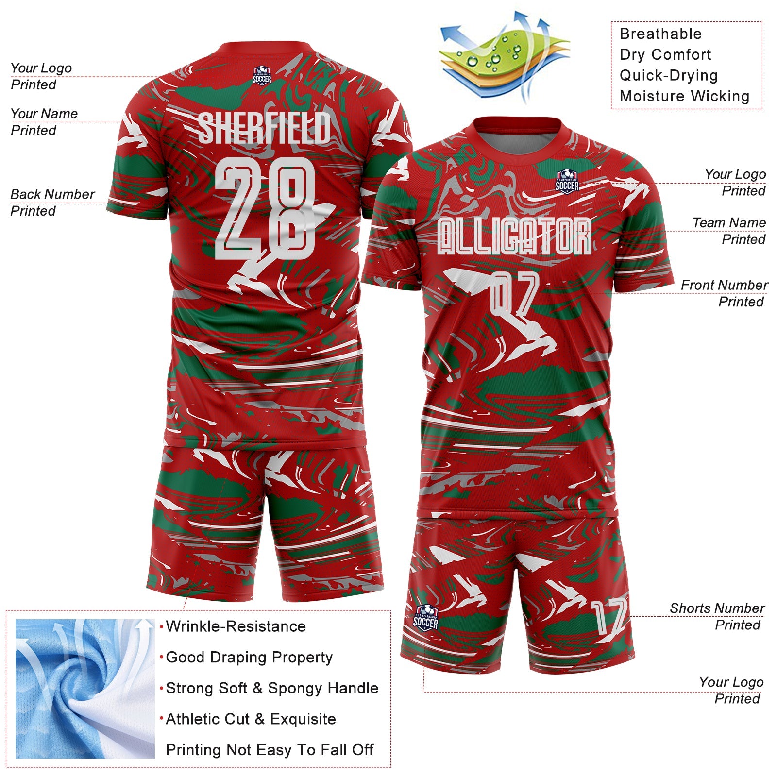 Custom Figure Light Blue Red-Kelly Green Fluid Art Splash Sublimation Soccer Uniform Jersey
