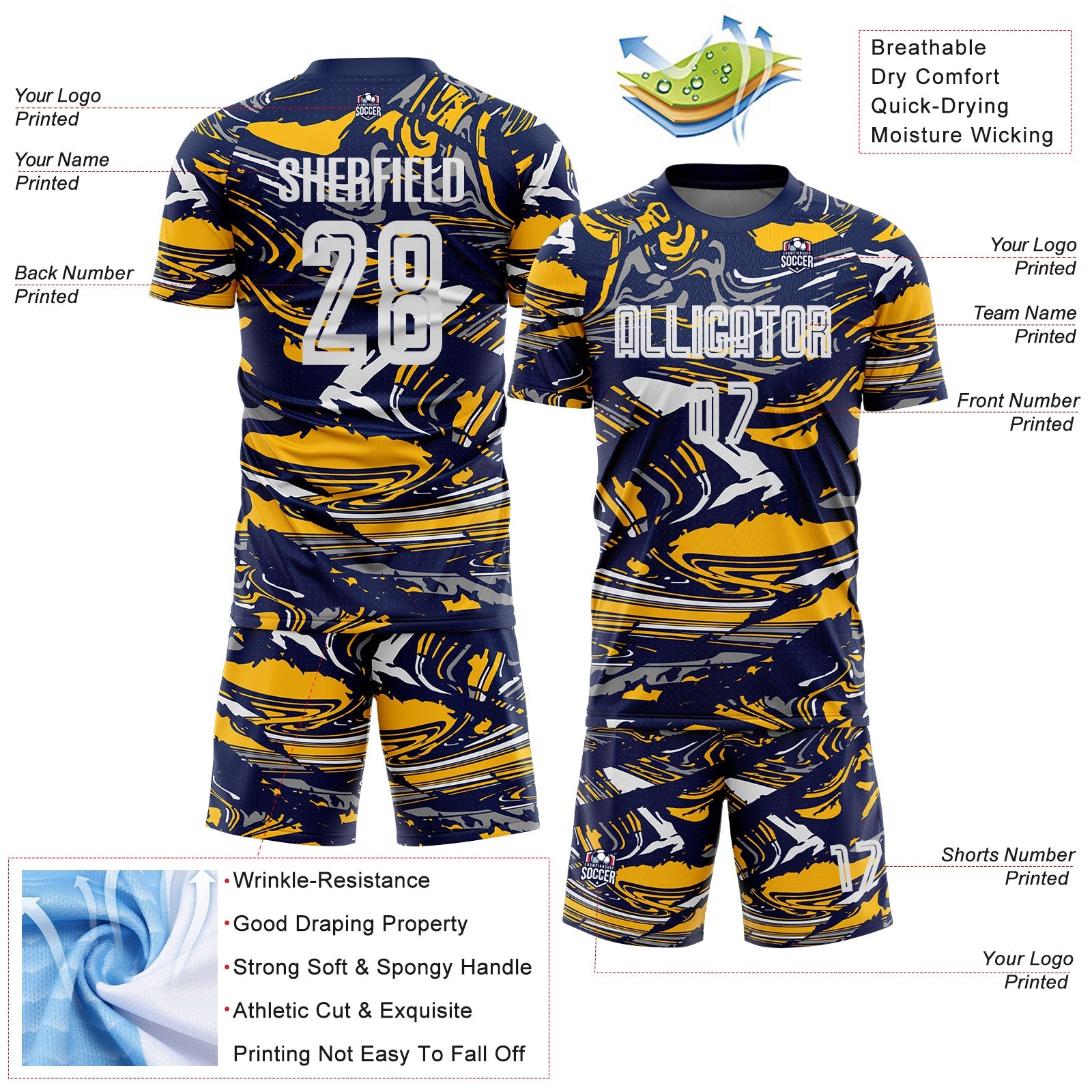Custom Figure White Navy-Gold Fluid Art Splash Sublimation Soccer Uniform Jersey