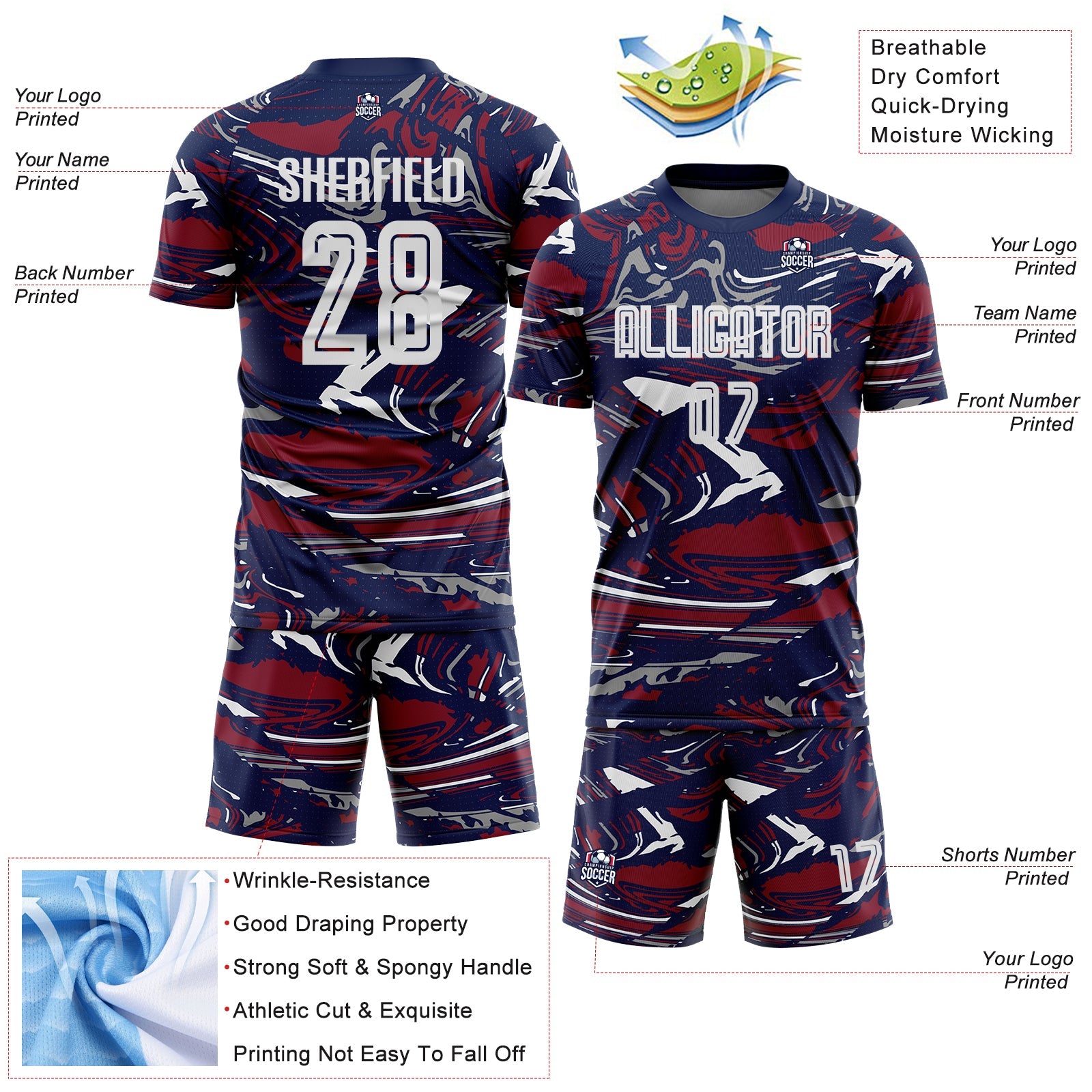 Custom Figure White Navy-Crimson Fluid Art Splash Sublimation Soccer Uniform Jersey