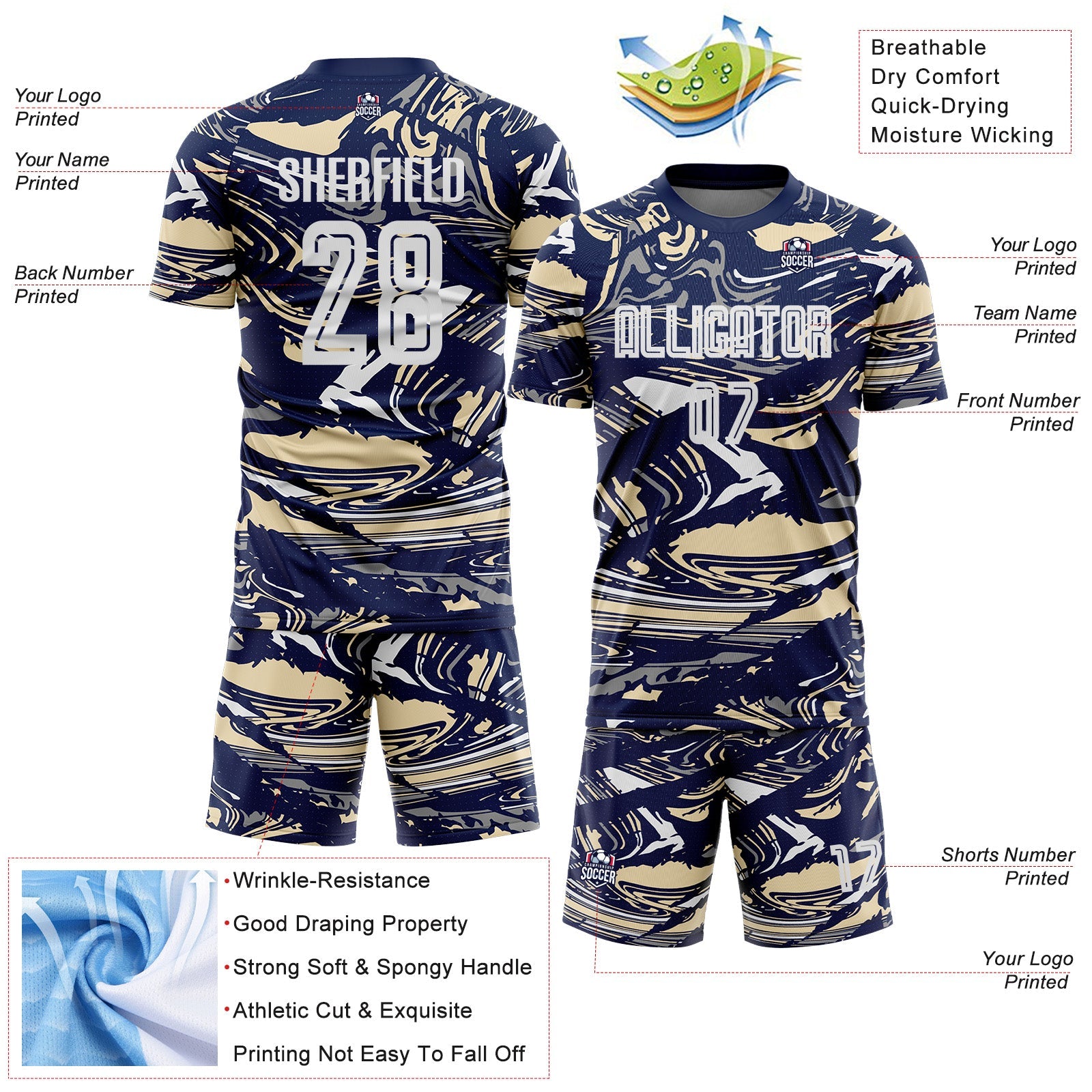 Custom Figure White Navy-Cream Fluid Art Splash Sublimation Soccer Uniform Jersey