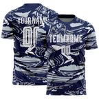 Custom Figure White Navy-Silver Fluid Art Splash Sublimation Soccer Uniform Jersey