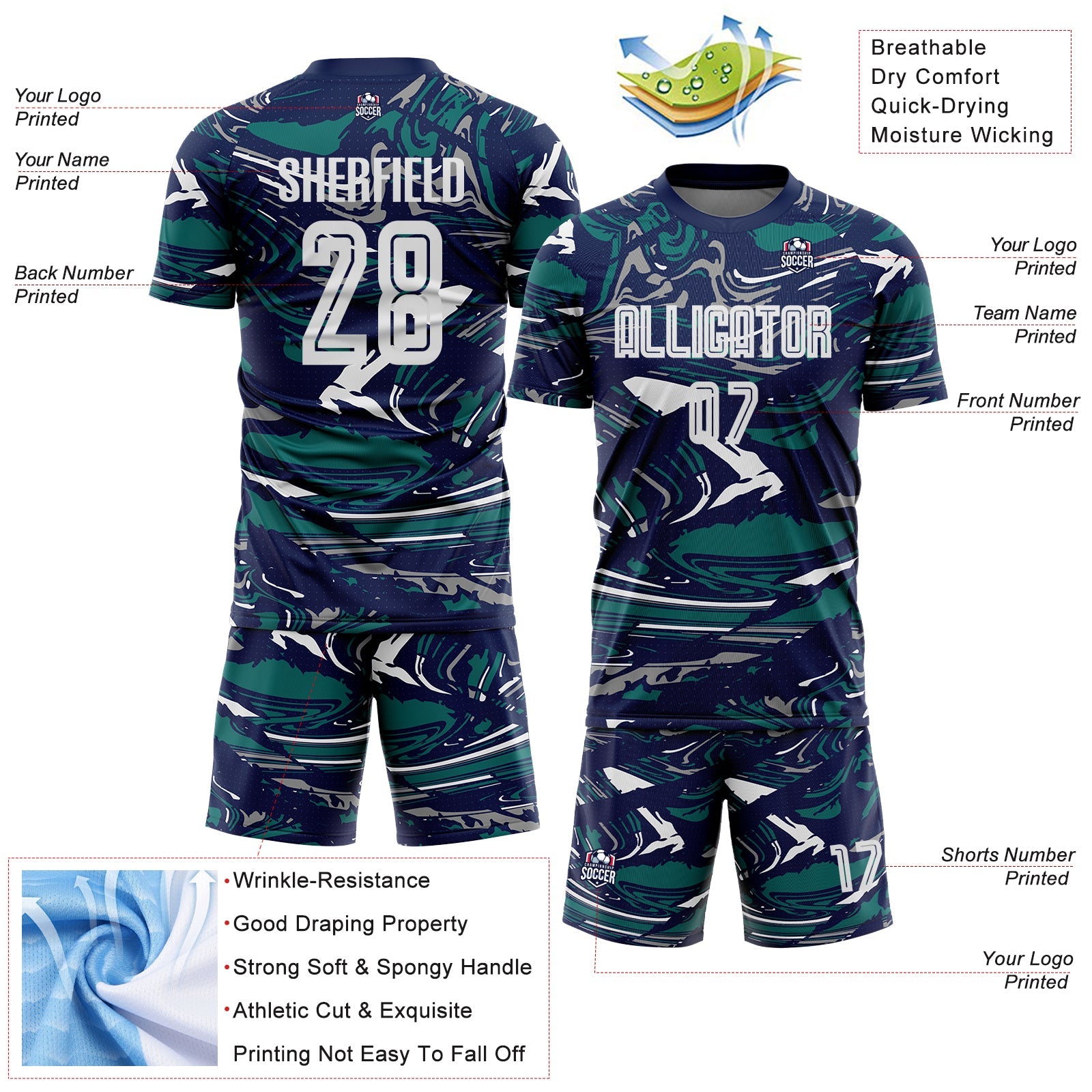 Custom Figure White Navy-Teal Fluid Art Splash Sublimation Soccer Uniform Jersey