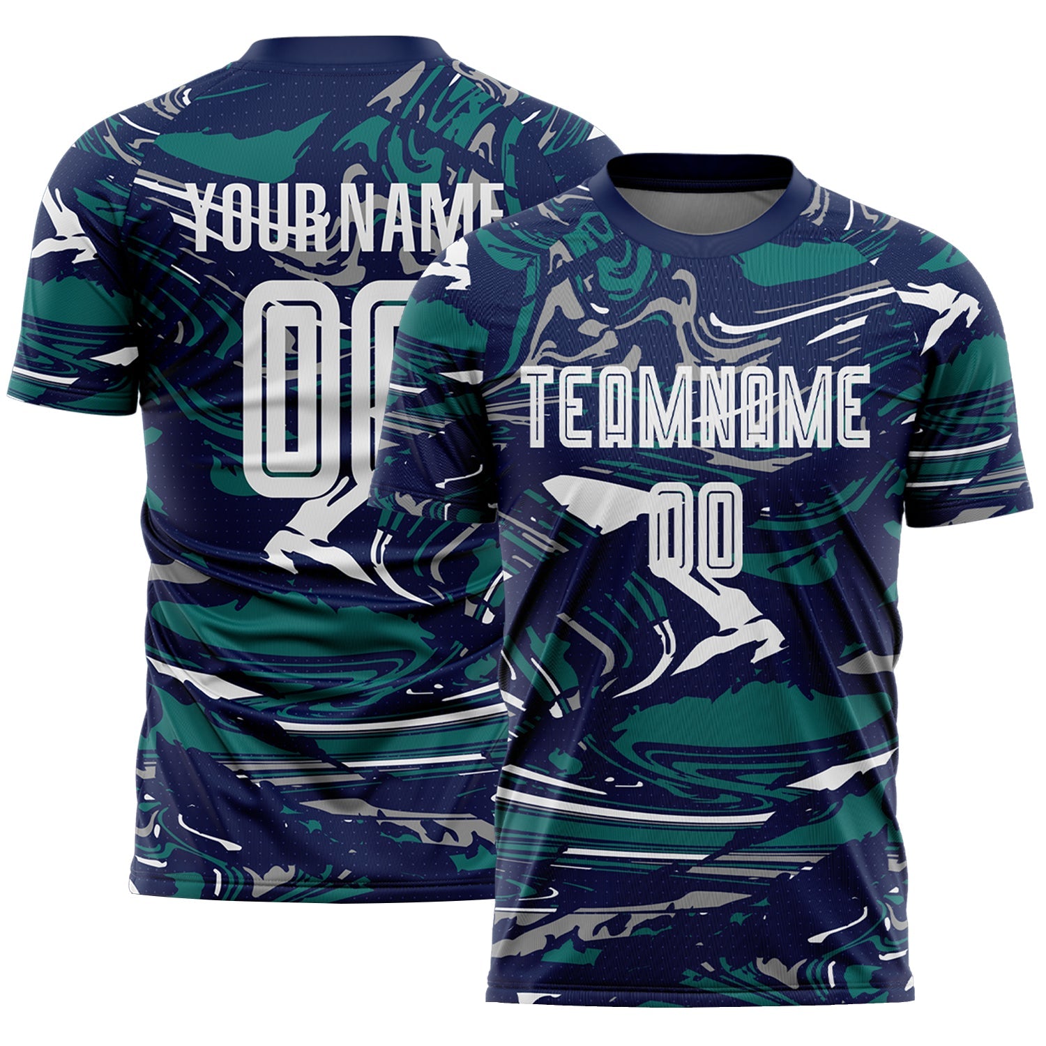 Custom Figure White Navy-Teal Fluid Art Splash Sublimation Soccer Uniform Jersey