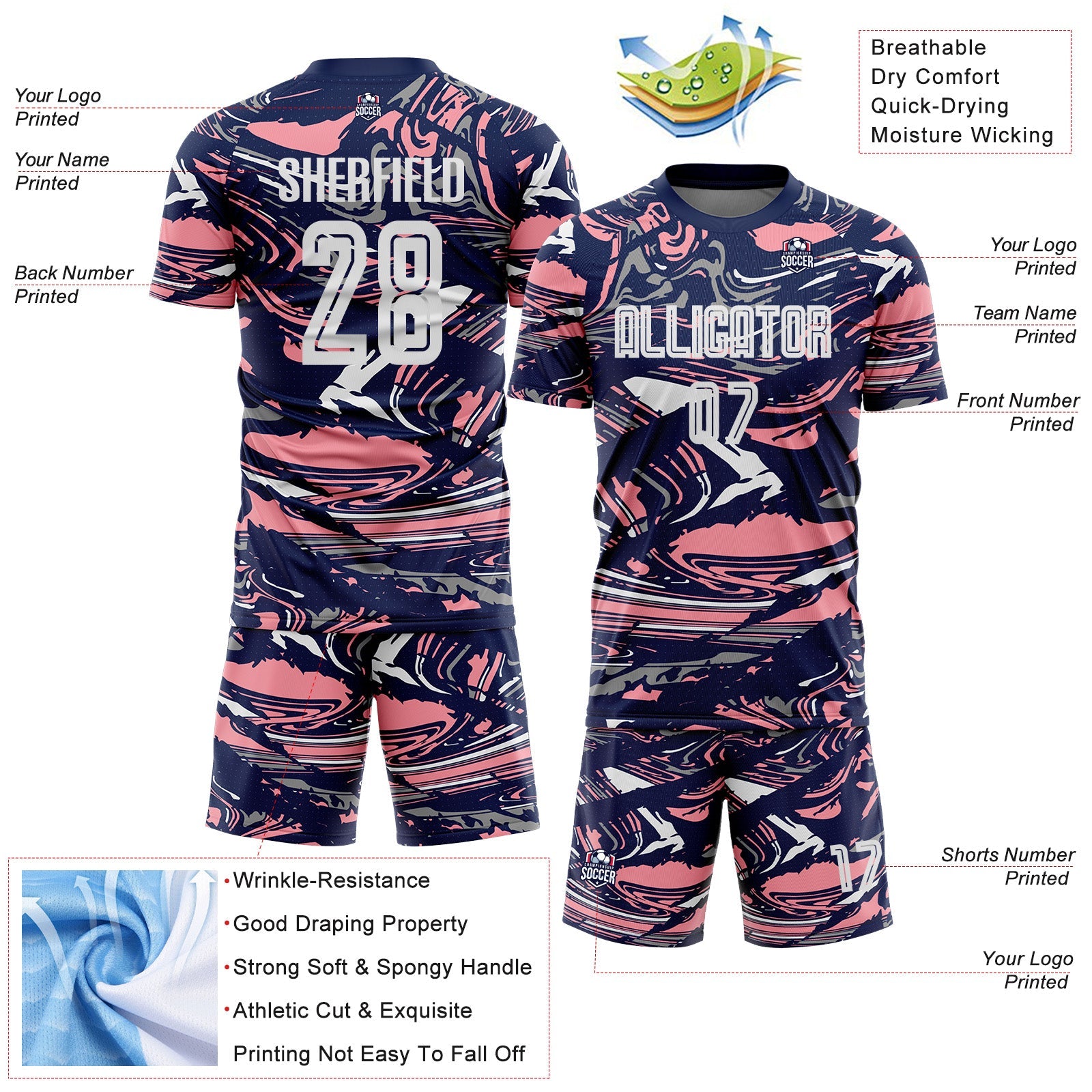 Custom Figure White Navy-Medium Pink Fluid Art Splash Sublimation Soccer Uniform Jersey