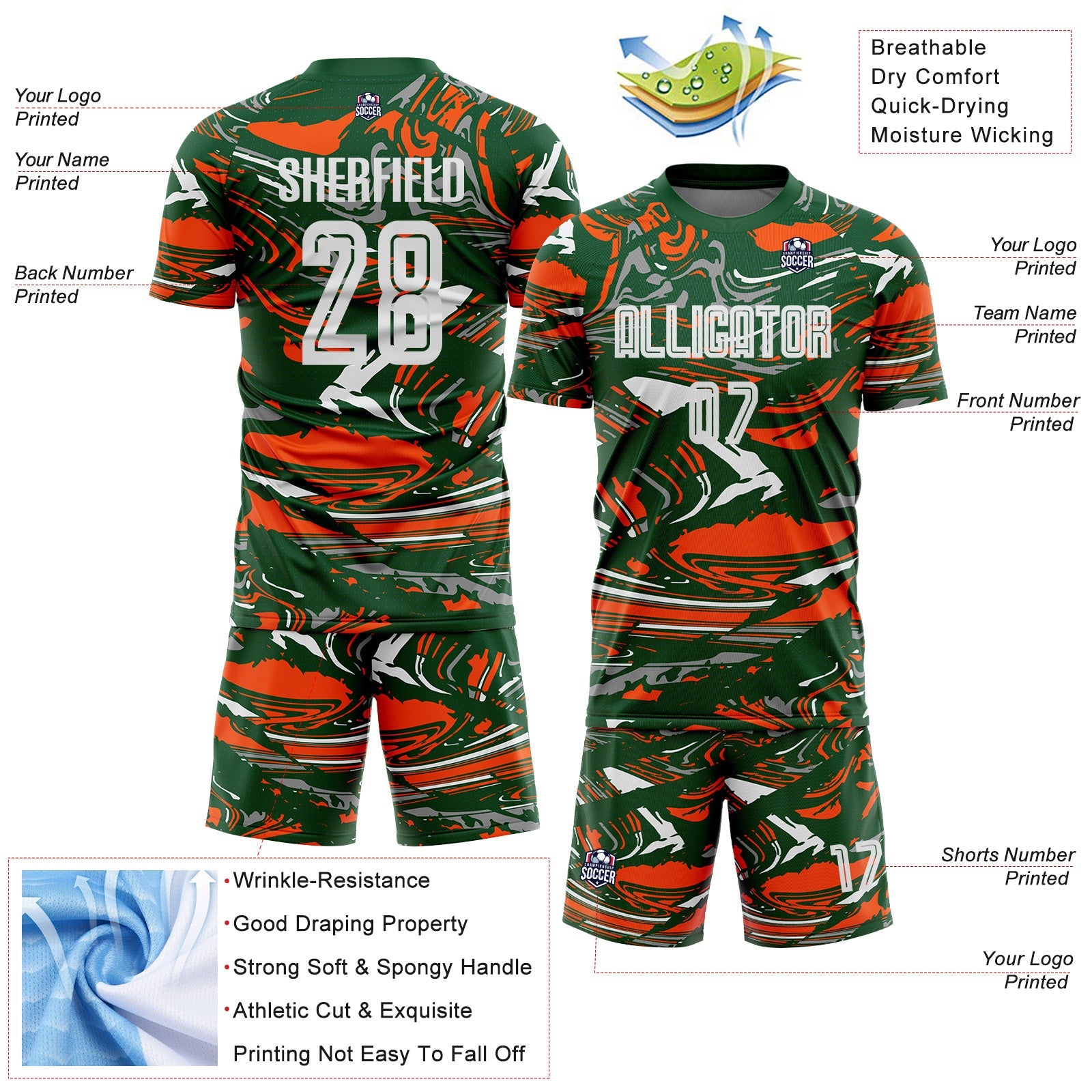 Custom Figure White Green-Orange Fluid Art Splash Sublimation Soccer Uniform Jersey