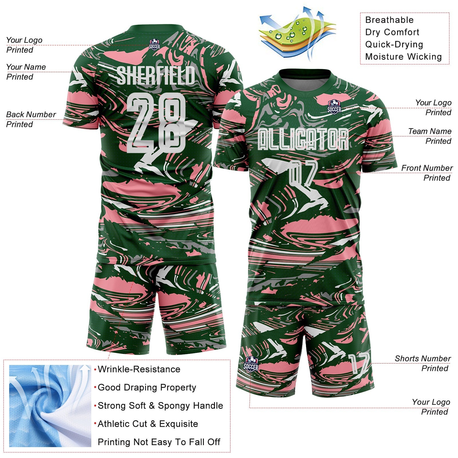 Custom Figure White Green-Medium Pink Fluid Art Splash Sublimation Soccer Uniform Jersey