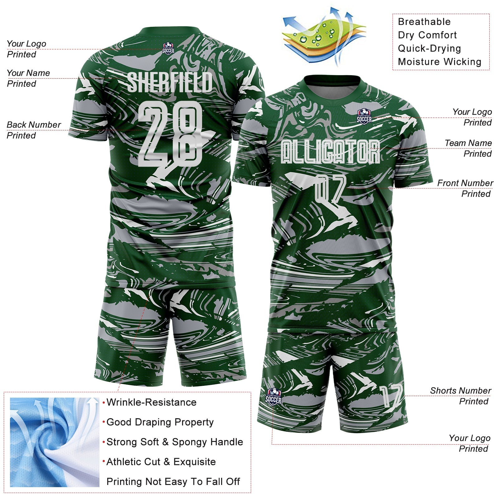 Custom Figure White Green=Gray Fluid Art Splash Sublimation Soccer Uniform Jersey