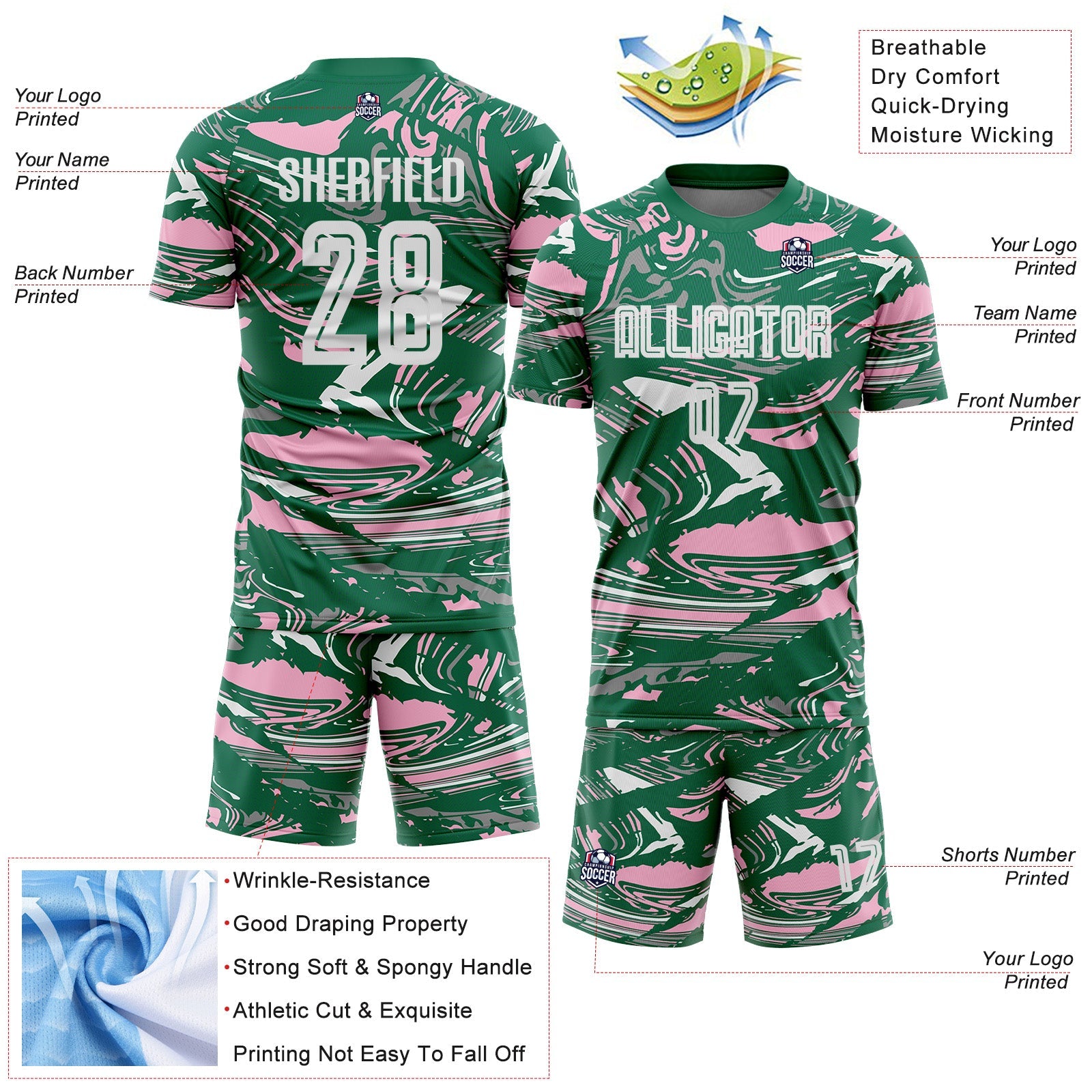 Custom Figure White Kelly Green-Light Pink Fluid Art Splash Sublimation Soccer Uniform Jersey