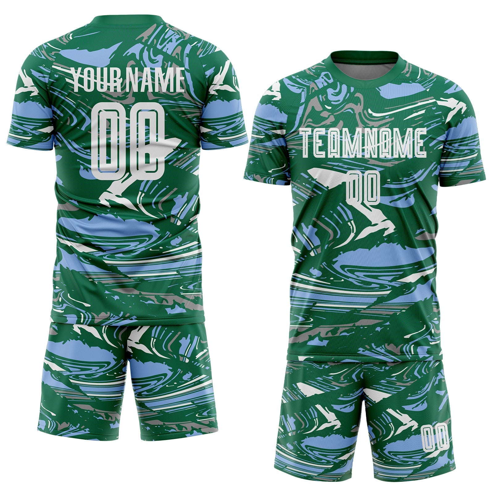 Custom Figure White Kelly Green-Light Blue Fluid Art Splash Sublimation Soccer Uniform Jersey