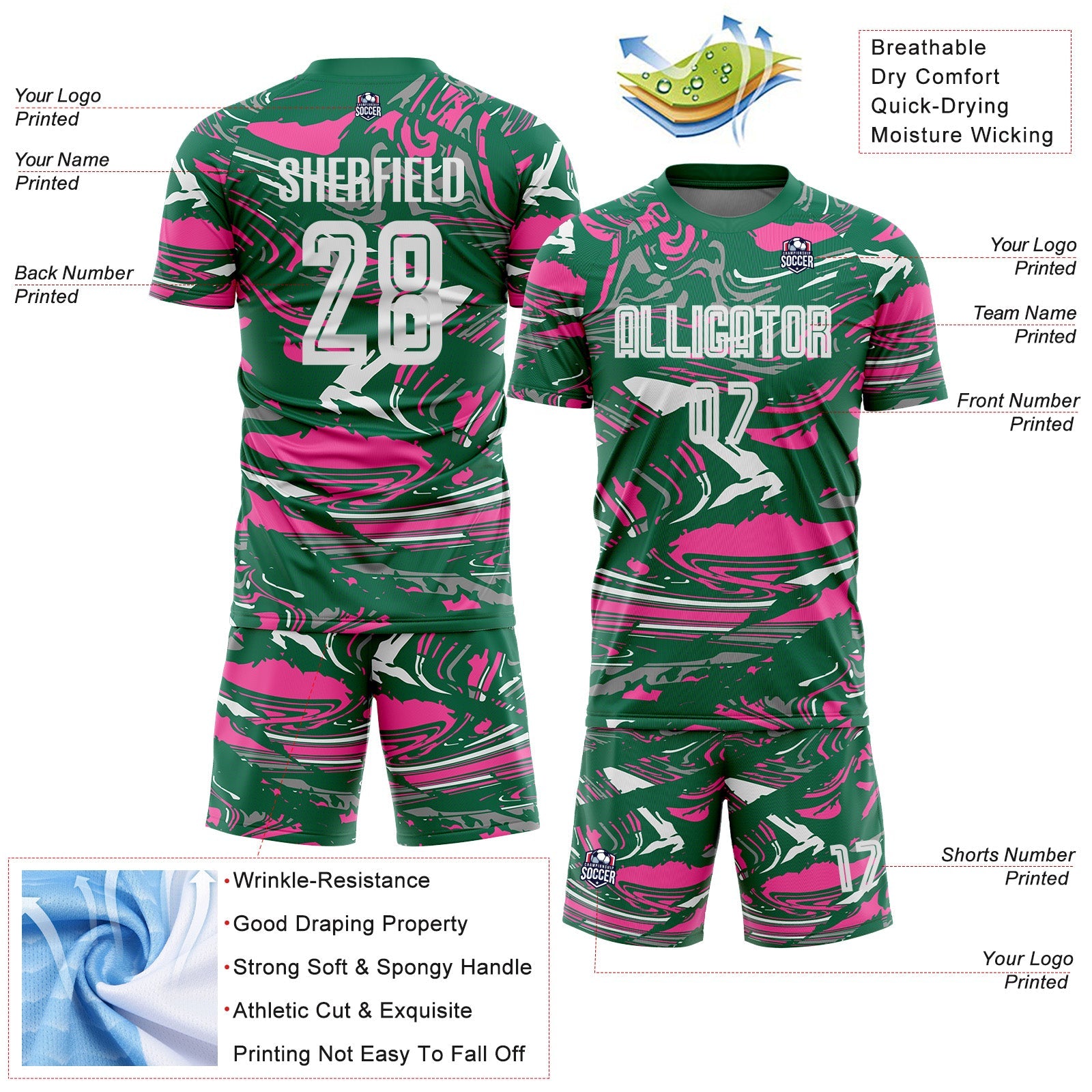 Custom Figure White Kelly Green-Pink Fluid Art Splash Sublimation Soccer Uniform Jersey