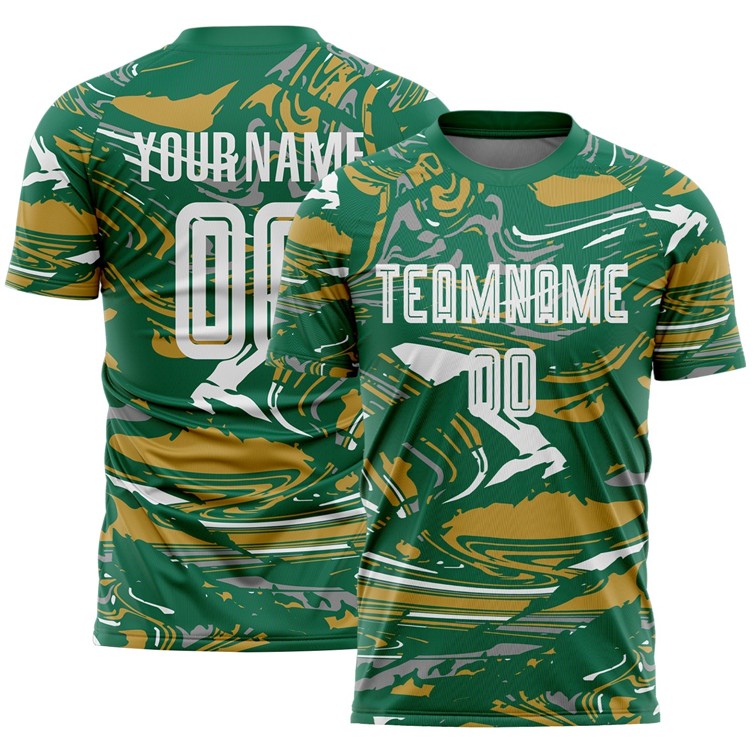 Custom Figure White Kelly Green-Old Gold Fluid Art Splash Sublimation Soccer Uniform Jersey
