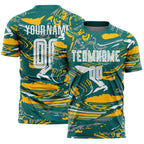 Custom Figure White Teal-Gold Fluid Art Splash Sublimation Soccer Uniform Jersey
