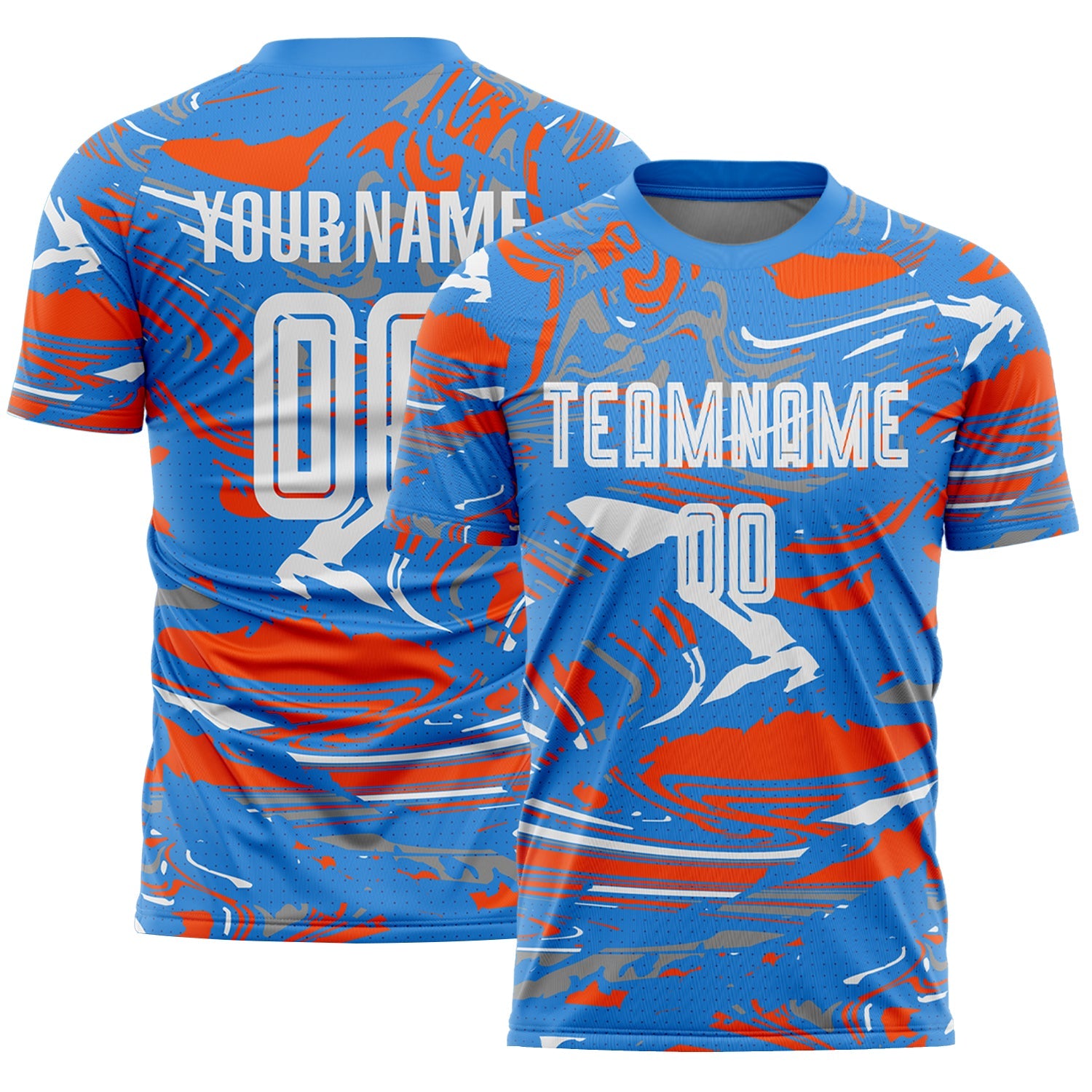 Custom Figure White Powder Blue-Orange Fluid Art Splash Sublimation Soccer Uniform Jersey