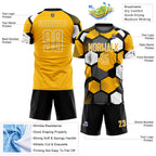Custom Black Gold-White Geometric Shape Sublimation Soccer Uniform Jersey